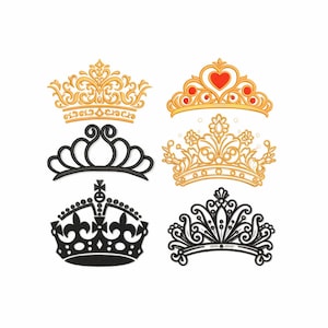 May include: Six ornate crowns in gold and black are displayed against a white background. The crowns vary in design, including filigree, heart accents, and floral patterns. These decorative crowns are suitable for various craft projects.