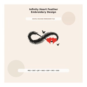 Könnte beinhalten: Digitale Maschinenstickdatei mit dem Titel Infinity Heart Feather Embroidery Design. Die Grafik zeigt eine schwarze Feder in Form eines Unendlichkeitssymbols mit zwei roten Herzen und zwei kleinen schwarzen Vögeln. Formate: PES, DST, JEF, HUS, EXP, VP3, XXX.