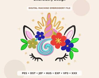 Unicorn Floral Crown Embroidery Design PES DST JEF - Digital Machine Embroidery File