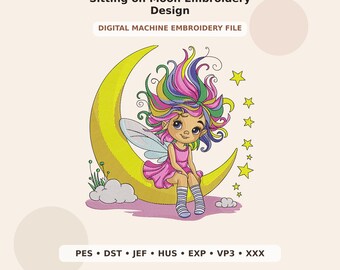 Rainbow-Haired Fairy Sitting on Moon Embroidery Design PES DST JEF - Digital Machine Embroidery File