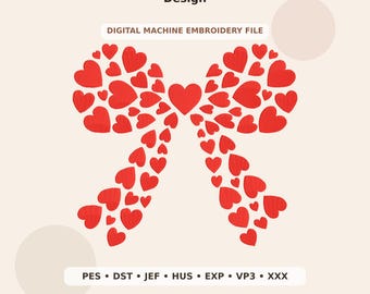 Heart Bow Embroidery Design PES DST JEF - Digital Machine Embroidery File