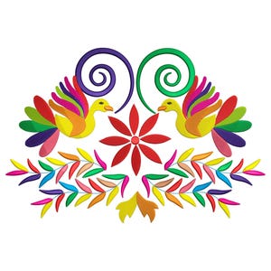 Könnte beinhalten: Ein farbenfrohes Stickdesign mit zwei stilisierten Vögeln mit Regenbogenflügeln, die sich gegenüberstehen. Über den Vögeln befinden sich grüne und violette Wirbel und eine rote Blume. Darunter bunte Blätter und Blumen.