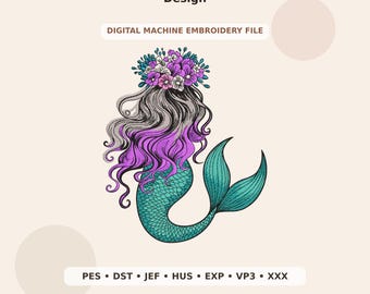 Floral Mermaid Embroidery Design PES DST JEF - Digital Machine Embroidery File