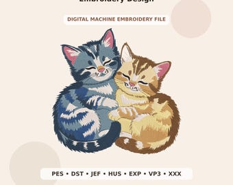 Two Cute Cats Hugging Embroidery Design PES DST JEF - Digital Machine Embroidery File