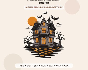 Haunted House with Bats Halloween Embroidery Design PES DST JEF - Digital Machine Embroidery File