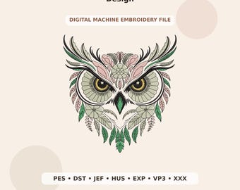 Floral Owl Face Embroidery Design PES DST JEF - Digital Machine Embroidery File
