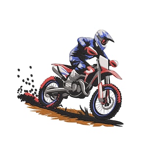 Könnte beinhalten: Gesticktes Design eines Motocross-Motorrads in Aktion. Das Motorrad ist rot und schwarz mit blauen Akzenten und wirbelt Staub auf. Der Fahrer trägt blaue und weiße Ausrüstung und einen Helm.