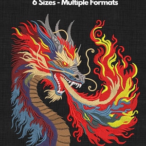 Könnte beinhalten: Gesticktes Drachendesign in Rot, Gelb, Blau und Gold auf schwarzem Hintergrund. Der Drachenkopf ist detailliert mit scharfen Zähnen und einer fließenden Mähne. Der Text "6 Sizes - Multiple Formats" steht oben.