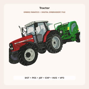 Könnte beinhalten: Eine digitale Stickdatei mit einem roten Massey Ferguson 6290 Traktor, der eine grüne landwirtschaftliche Ballenpresse zieht. Der Text lautet Tractor, EMBRO FANATICS, DIGITAL EMBROIDERY FILE sowie die Formate DST, PES, JEF, EXP, HUS, VP3.