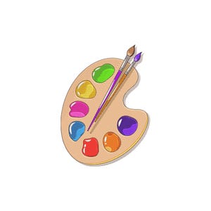 Könnte beinhalten: Eine Holzmalpalette mit verschiedenen Farben, darunter Grün, Gelb, Rosa, Blau, Rot, Orange und Lila. Zwei Pinsel mit braunen und violetten Borsten liegen auf der Palette.