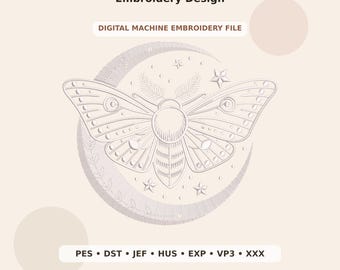 Moth with Moon and Stars Embroidery Design PES DST JEF - Digital Machine Embroidery File