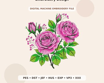 Pink Rose Floral Embroidery Design PES DST JEF - Digital Machine Embroidery File