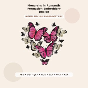 Könnte beinhalten: Eine digitale Maschinenstickdatei mit dem Text Monarchs in Romantic Formation Embroidery Design und DIGITAL MACHINE EMBROIDERY FILE. Das Design zeigt eine herzförmige Anordnung von rosa und cremefarbenen Schmetterlingsillustrationen.