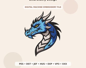 Blue Dragon Head Embroidery Design PES DST JEF - Digital Machine Embroidery File