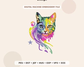 Multicolor Cat Embroidery Design PES DST JEF - Digital Machine Embroidery File