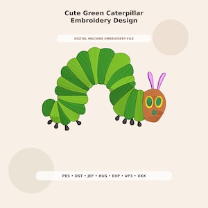 Könnte beinhalten: Eine digitale Maschinenstickdatei mit einer grünen Raupe mit braunem Kopf, gelb-grünen Augen und violetten Fühlern. Der Text lautet: Cute Green Caterpillar Embroidery Design, DIGITAL MACHINE EMBROIDERY FILE, PES, DST, JEF, HUS, EXP, VP3, XXX.