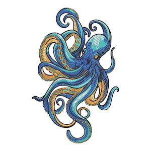 Könnte beinhalten: Gesticktes Oktopus-Design in Blau- und Goldtönen. Der Oktopus hat mehrere sich kräuselnde Tentakel mit detaillierten Nähten. Das Design befindet sich auf weißem Hintergrund und erzeugt einen auffälligen Kontrast. Dieses nautische Design eignet sich für verschiedene Anwendungen.