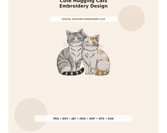Cute Hugging Cats Embroidery Design PES DST JEF - Digital Machine Embroidery File