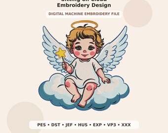 Adorable Baby Angel Sitting on Cloud Embroidery Design PES DST JEF - Digital Machine Embroidery File