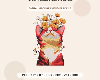 Smiling Cat with Floral Crown Embroidery Design PES DST JEF - Digital Machine Embroidery File