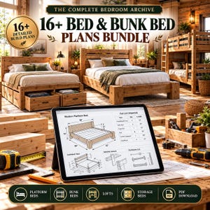 May include: A digital tablet displays technical woodworking plans for a modern platform bed, including a cut list with imperial measurements, alongside a bedroom scene featuring wooden bed frames and a bunk bed with storage drawers.