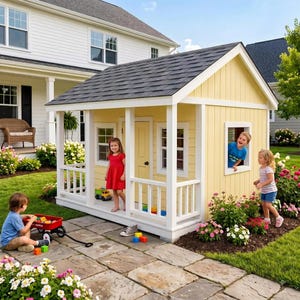 Puede incluir: Una casita de juegos de madera amarilla con techo de tejas gris oscuro, un porche delantero con barandillas blancas y varias ventanas. La estructura presenta revestimiento vertical, una puerta central y molduras blancas sobre un patio de piedra.