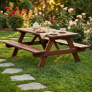 May include: A brown wooden picnic table with attached benches featuring a white floral teapot, two matching teacups on saucers, a small glass vase with pink flowers, and a plate of pastries arranged on the tabletop surface.