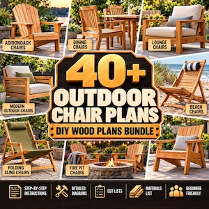 Può includere: Una raccolta digitale di oltre 40 progetti per sedie da esterno in legno per il fai-da-te. L'immagine mostra vari stili di sedie in legno, tra cui Adirondack, da pranzo, lounge, da spiaggia e pieghevoli, con icone per istruzioni e schemi.