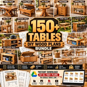 May include: A digital bundle of 150+ DIY wood table plans featuring various furniture designs like dining, coffee, end, and console tables. The image displays multiple wooden table examples, technical diagrams, and a laptop showing file folders.