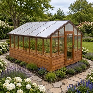 Peut inclure: Une serre en bois avec un toit à deux pans et des panneaux transparents, dotée d'une porte unique sur la façade. La structure est construite avec un bardage en bois horizontal sur la partie inférieure et des vitres sur les parois et le toit.