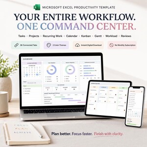 May include: A Microsoft Excel productivity template displayed on a laptop, tablet, and smartphone. The screen shows a dashboard with a calendar, task progress, project timelines, and a Kanban board. Text includes: Your Entire Workflow. One Command Center.