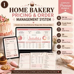 Puede incluir: Un sistema digital de gestión de precios y pedidos para pastelería casera que incluye un portátil con un panel de control, una tableta con calculadora de precios y formularios impresos de pedidos, costes de recetas y listas de control.