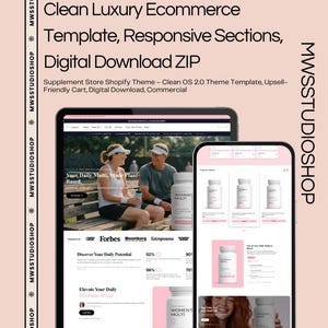 May include: A digital mockup of a Shopify OS 2.0 wellness theme, showcasing a clean, luxury e-commerce template. The design includes responsive sections and is available as a digital download. The theme is for a supplement store, with a focus on plant-based products.