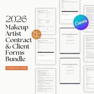 May include: A bundle of makeup artist contract and client forms for 2026, with over 25 pages. The text includes "Makeup Artist Contract & Client Forms Bundle" and "Download Now". The Canva logo is also visible.
