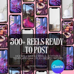Puede incluir: Un fondo rosa presenta múltiples pantallas de teléfonos inteligentes que muestran varias imágenes, incluyendo la Torre Eiffel, arreglos florales y postres. El texto "500+ REELS READY TO POST" se muestra de forma destacada, junto con texto adicional y un logotipo de Canva.