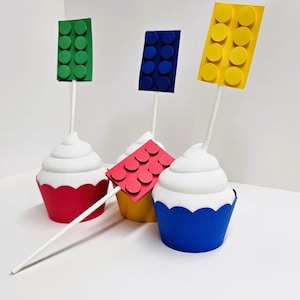 Building Bricks Cupcake Toppers/Happy Birthday/Party Decor (Set of 12)
