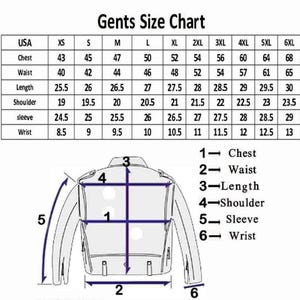 May include: A size chart labeled "Gents Size Chart" with measurements for chest, waist, length, shoulder, sleeve, and wrist. The chart includes sizes from XS to 6XL. A diagram of a jacket illustrates the measurement points.