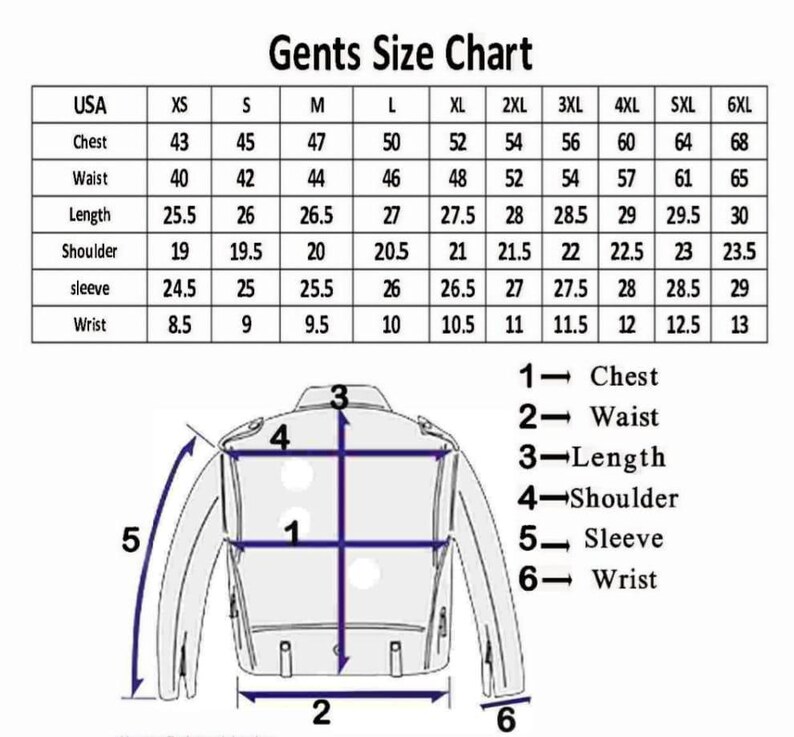 May include: A size chart labeled "Gents Size Chart" with measurements for chest, waist, length, shoulder, sleeve, and wrist. The chart includes sizes from XS to 6XL. A diagram of a jacket illustrates the measurement points.