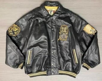 Black Avirex Leather Bomber Jacket | Vintage Varsity Patchwork