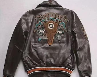 Avirex Buffalo Legends Leather Jacket – Vintage Brown Bomber with Embroidered Back Patch