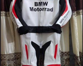 BMW Motorrad Cowhide Leather Moto Suit | Racing Biker Suit | White & Black Motorbike Gear