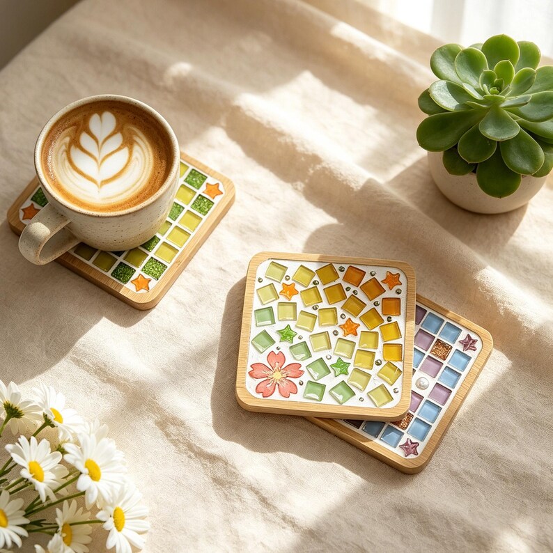 May include: Three square wooden coasters featuring colorful mosaic tile patterns. One coaster holds a ceramic mug with latte art. The designs include green, yellow, and orange square tiles, star-shaped accents, and a pink cherry blossom flower.