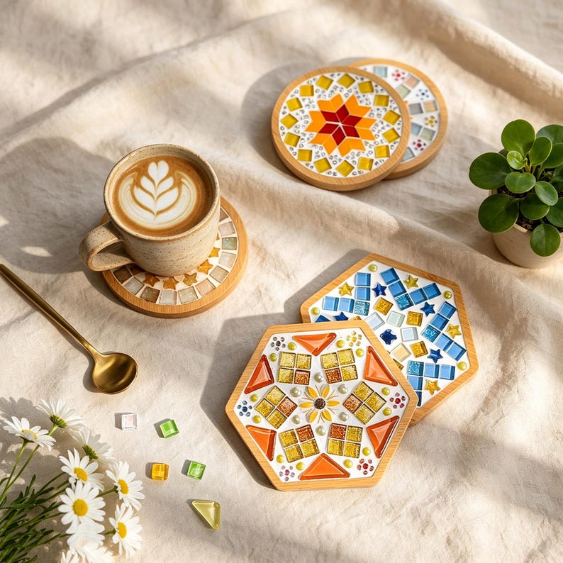 May include: A collection of round and hexagonal coasters featuring colorful mosaic tile patterns in shades of yellow, orange, and blue, set in light wood frames. One round coaster supports a ceramic mug filled with latte art coffee.