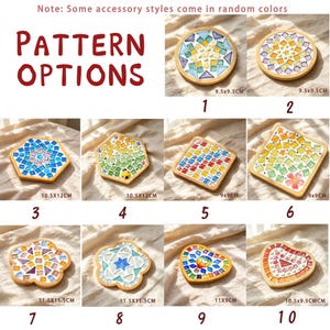 May include: A collection of ten mosaic coasters with wooden frames, labeled Pattern Options. Designs include geometric, floral, and heart shapes with colorful glass tiles. Dimensions are provided in cm for each coaster, ranging from 9x9cm to 11.5x11.5cm.