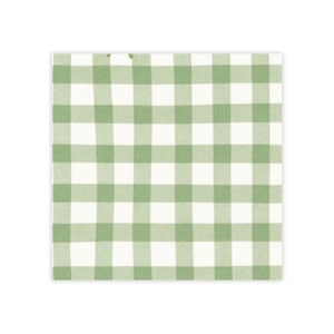 May include: Square, white and green gingham pattern. The pattern is a classic, repeating grid of alternating squares in white and a muted green. The image is a close-up of the fabric, showing the texture and detail of the weave.