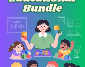 Könnte beinhalten: Eine digitale Illustration mit dem Titel Kids Educational Bundle, die eine Lehrkraft und sechs Kinder beim Spielen mit bunten Bauklötzen zeigt. Im Hintergrund sind eine Tafel mit Matheaufgaben und verschiedene Unterrichtsmaterialien zu sehen.