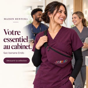 May include: A burgundy fanny pack featuring a black zipper and a colorful graphic of dental endodontic files. The bag is worn across the chest over a matching burgundy scrub top and black long-sleeve shirt. Text on the image reads Maison Dentura.