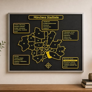 Pode incluir: Um mapa de parede emoldurado dos distritos de Munique intitulado München Stadtteile, com fundo preto, contornos amarelos e zonas numeradas. O mapa inclui cinco caixas de legenda amarelas com nomes de distritos e uma rosa dos ventos.