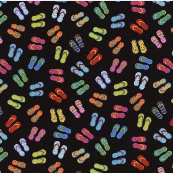 Flip flop cotton fabric 25 inches black with bright colored flip flops by Timeless Treasures gail C-3749