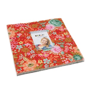 May include: Moda Fabrics 'Meraki' fat quarter bundle featuring a red background with a floral pattern in shades of pink, green, yellow, and orange. The bundle includes 12 fat quarters, each measuring 18 inches by 21 inches.